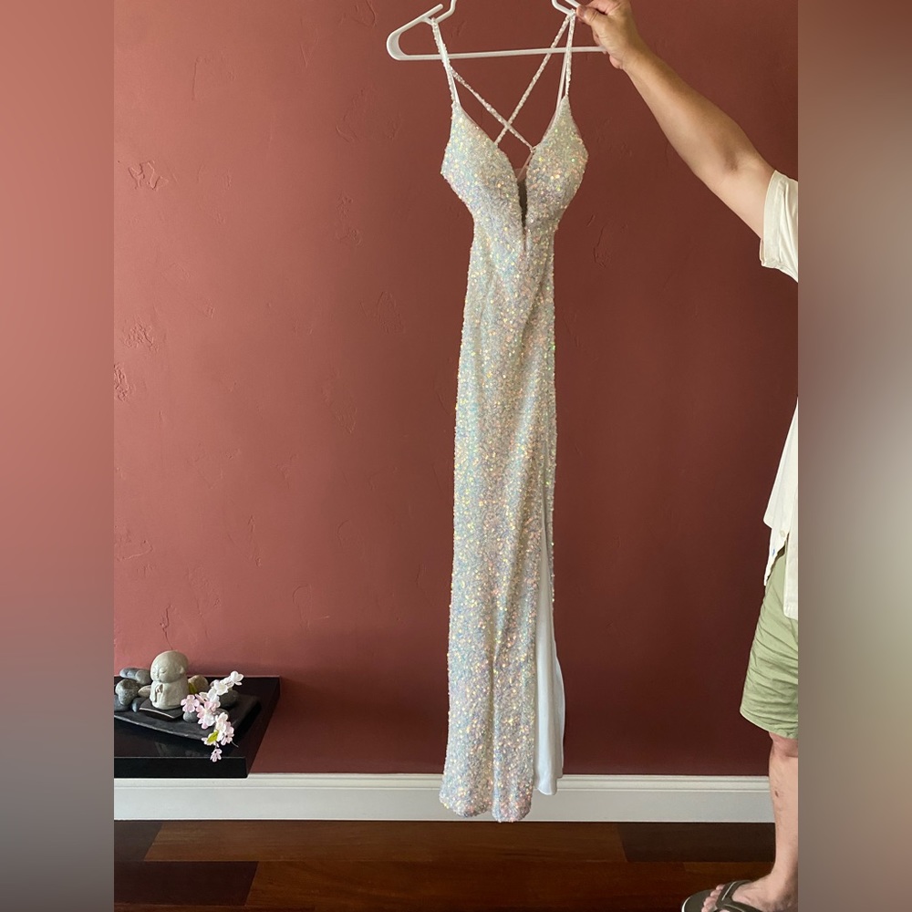 white holographic sequin prom dress